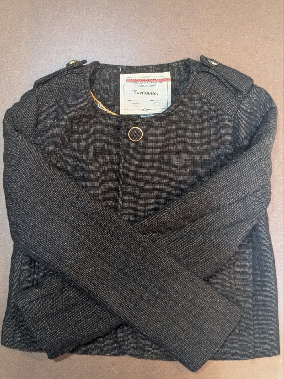Anthropologie Cartonnier Womens Brown Tweed Collarless Jacket with Gold Button